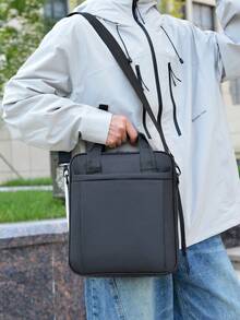 1pc Large Capacity One Shoulder Crossbody Messenger Bag, Anti-Theft Zipper Layer Vertical Handheld Office Document Bag For Business - Black - View 11