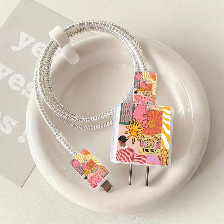 5pcs 2D Flat Design Painting Phone Charger Protection Set, Charger Head Cover + Cable Protector + Storage Rope + Data Cable Protection Rope, Suitable For IPhone 20W/18W Charger - Multicolor - View 1