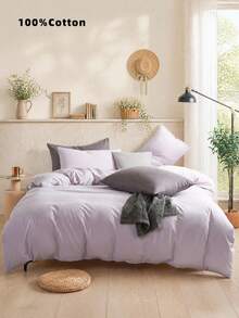 2/3 Piece Set 100% Pure Cotton Light Purple Reversible Duvet Cover Set (1 Duvet Cover And 1/2 Pillowcases) Breathable And Comfortable Bedding Set Suitable For Home, Bedroom And Dorm, Suitable For All Seasons, Available In King, Queen, Full And Twin Sizes - Mauve Purple - View 1