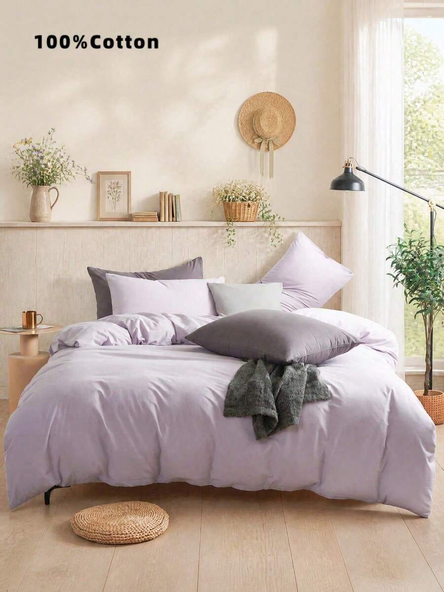 2/3 Piece Set 100% Pure Cotton Light Purple Reversible Duvet Cover Set (1 Duvet Cover And 1/2 Pillowcases) Breathable And Comfortable Bedding Set Suitable For Home, Bedroom And Dorm, Suitable For All Seasons, Available In King, Queen, Full And Twin Sizes - Mauve Purple - View 1