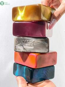 European And American Style Exaggerated Wide Resin Bracelet, Pearlescent Iridescent Marbled Texture Square And Round Vintage Accessory Bangle - Multicolor - View 4