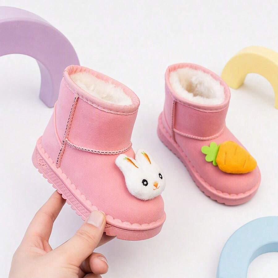 1 Pair Girls' Carrot Rabbit Plush Decor Pink Short Snow Boots, Suitable For Winter Outdoor Wear And Outfit Matching - Pink - View 1