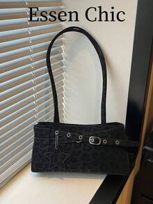 1pc Black Leopard Print PU Women's Shoulder Bag With Strap Decor - Black - View 2