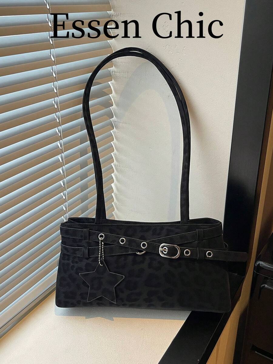 1pc Black Leopard Print PU Women's Shoulder Bag With Strap Decor