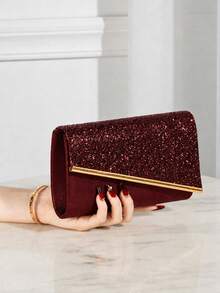 REMANLAND Clutch Malam Berkilau, Tas Amplop Modis Elegan, Clutch Pesta Pernikahan Wanita - Burgundy - View 3
