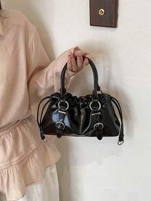 Solid Color Glossy Leather Shoulder Bag, Ruched Drawstring Design, Short Handle And Detachable Crossbody Strap, Flexible Switch Between Handheld And Crossbody, Ample Interior Space, Can Store Phone, Lipstick, Powder, Earphones And Other Small Travel Essentials, Suitable For Daily Shopping, Commuting, Work, Dating And Travel - Black - View 4