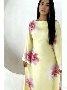 European And Middle Eastern Style Pure American Print Dress, Cinched Waist Allover Print Long Skirt With Leaf And Floral Pattern, Boho Fall Yellow - Yellow - View 4