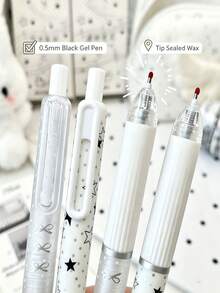 4pcs Star & Polka Dot Retractable Gel Pen Set, INS Style Silver White Ribbon Print Cute Black Ink Pens, 0.5mm Quick-Dry Smooth Writing Signing Pens, Cute Stationery For Students, Back To School Gift, Back To School Essential - Multicolor - View 3