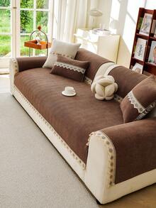1pc Herringbone Textured Linen Sofa Throw Cover, Lace Trim Non-Slip Breathable Couch Protector, All Season Washable Furniture Slipcover - Coffee Brown - View 2