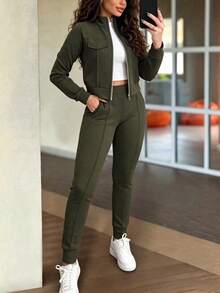 2pcs Women Set In Spring/Autumn/Winter, Minimal Solid Color Versatile Zip Up Short Jacket Tops With Elastic Waist Pocket Skinny Pants Casual Elegant - Army Green - View 3