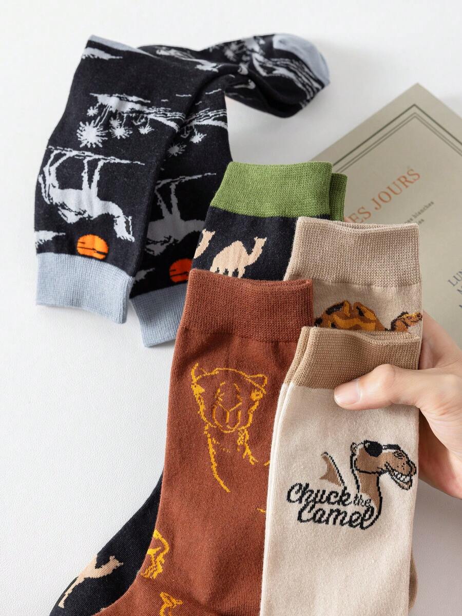 1/5 Pairs Personalized Camel Illustration Mid-Calf Socks, Retro Japanese Street Style Versatile Long Socks, Unisex - Multicolor - View 1