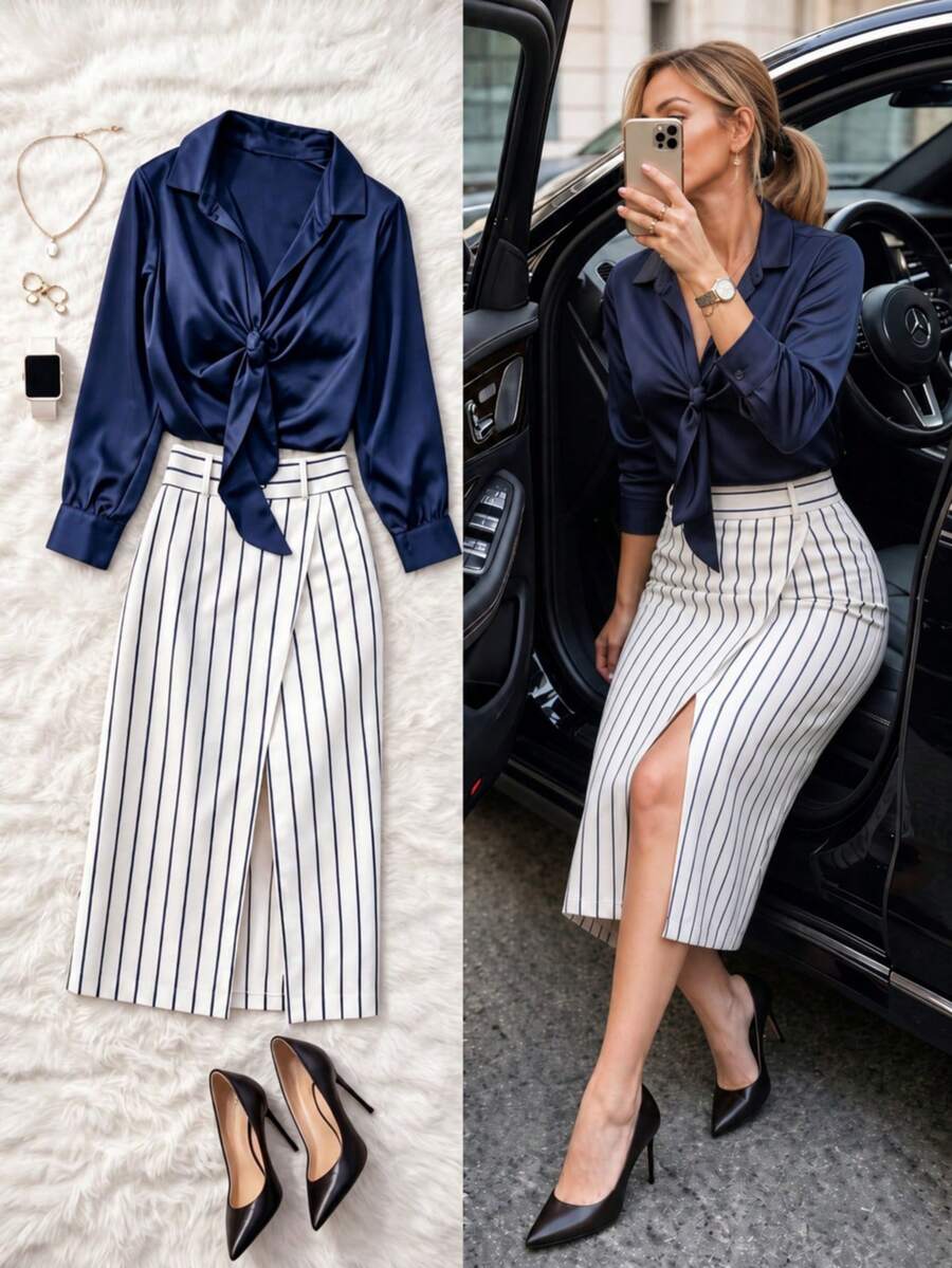Office To Date | High-Waisted Striped Wrap Midi Skirt With Slit, Stretchy & Flattering - White - View 1