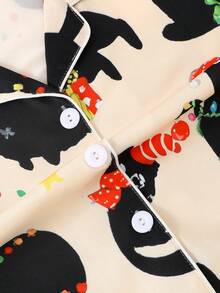 2pcs/Set Christmas Teen Girl Pajama Set, Cartoon Kitten Christmas Gift Print Lapel Long Sleeve Top With Elastic Waist Long Pants, Flame Retardant Knit Fabric, All Season Wear, Teen Girl - Apricot - View 5