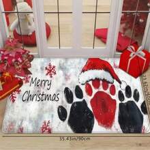 1pc, Personalized Graffiti Paw Print Christmas Doormatwith A Easy Red And Black Snowflake Pattern, Featuringa "Merry Christmas" Welcome Message. This Soft,Absorbent, Non-Slip Mat Is Perfect For The Bathroom,Holiday Kitchen Decor - A - View 4