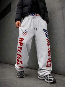 Modcrash Men's Double Waistband Printed Loose Sweatpants, Drawstring Elastic Waist Wide Leg Casual Street Style Joggers, Suitable For Daily Wear - Light Grey - View 8
