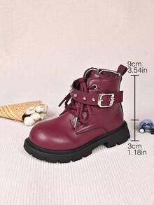 Girls' Sweet & Cool Black Boots With Lace Trim, Badge, Thick Sole, Anti-Slip And Side Zipper - Red - View 8
