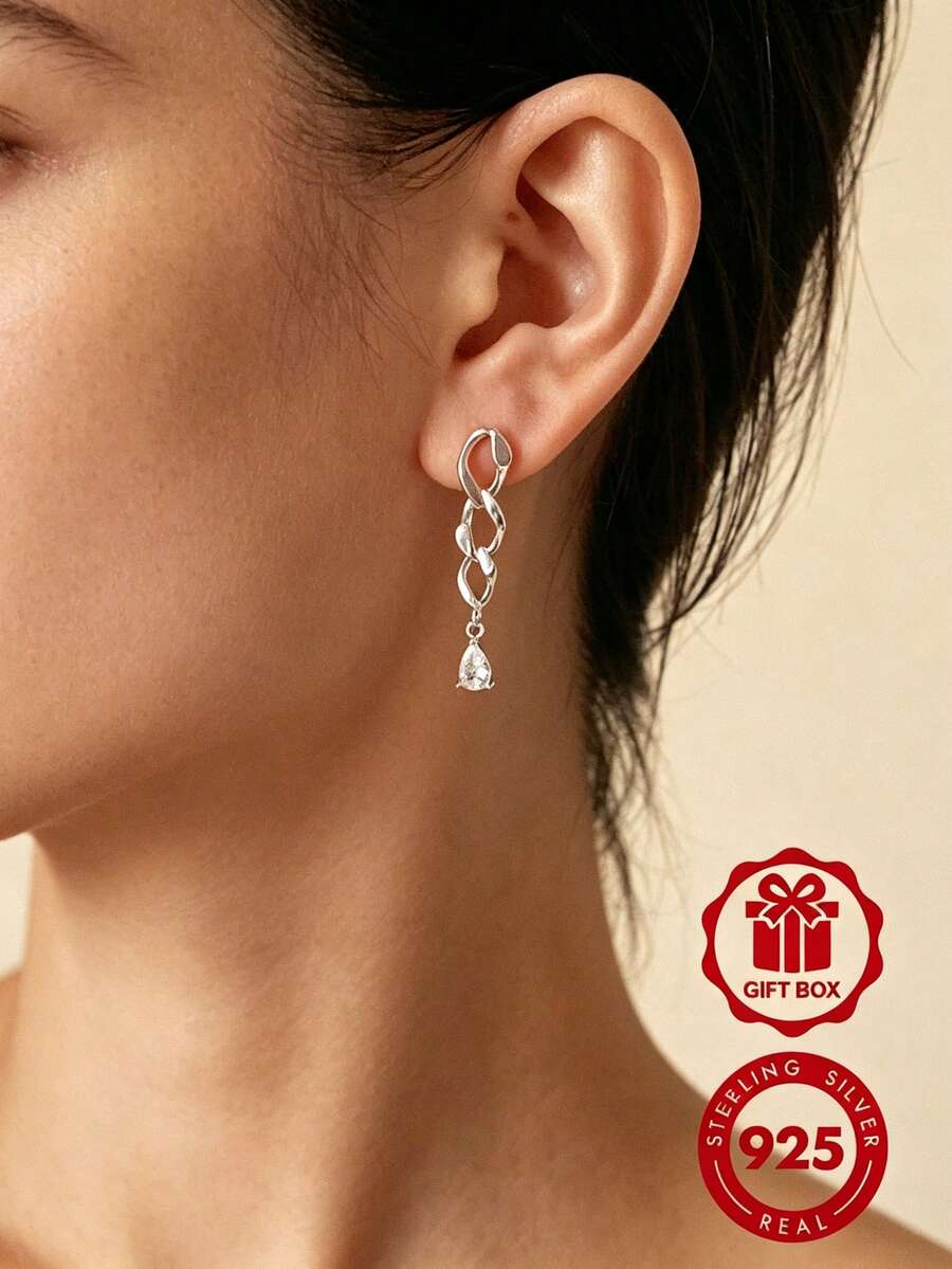 1 Pair S925 Sterling Silver Intertwined Chain Pendant Earrings, Water ...