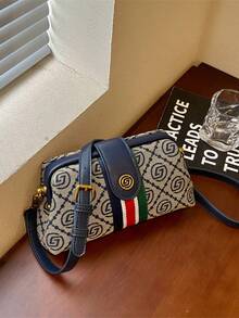 Vintage Jacquard Doctor Bag With Contrast Color Webbing, Magnetic Closure Small Square Crossbody Bag With Adjustable Shoulder Strap For Commute - Blue - View 12