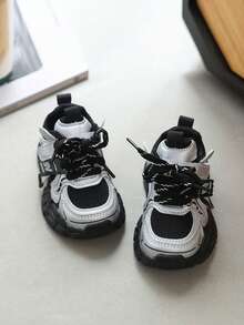 Children's Black & White Colorblock Mesh Breathable Durable Leather Anti-Slip Shock-Absorbing Anti-Collision Wide Round Toe Hook & Loop Thick Sole Sports Chunky Sneakers, Kindergarten & Primary School Spring/Summer Versatile Dirt-Resistant Non-Stuffy - Black - View 1