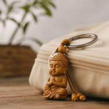 1pc Wooden Buddha Keychain, Natural Wood Monk Pendant, Suitable For Bags And Car Keys, Zen Good Luck Amulet, Spiritual Protection Gift For Men And Women - Rust Brown - View 6