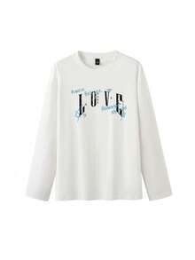 Women's American Vintage Round Neck Star & Letter Print Long Sleeve T-Shirt, Loose Fit Design Base Layer Top For Autumn - White - View 8