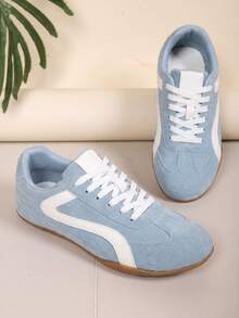 Light Blue Vintage Style Flat Sneakers, Women's Casual Lace-Up Front Shoes - Light Blue - View 2
