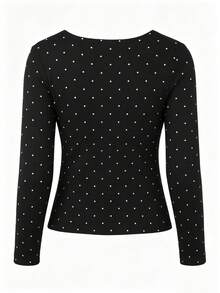 Kaos Lengan Panjang Leher Persegi 2-in-1 Motif Polkadot Kuning Bahan Sutra, Atasan Slim Fit Gaya Korea, Cocok untuk Awal Musim Gugur - Hitam - View 2