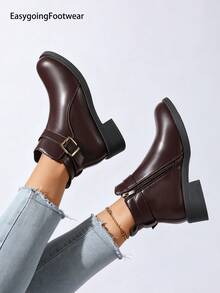 Women's British Style Round Toe Ankle Boots, Metal Buckle Side Zipper, Breathable Lining, Chunky Heel Comfortable, Versatile For Multiple Occasions - Coffee Brown - View 4
