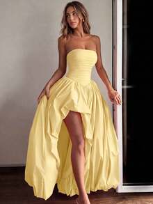 Elegant Women Formal Maxi Cocktail Dress, Open Back Design, Ruched Woven Fabric With Asymmetrical Hem Wedding Yellow Party Fall - Yellow - View 1