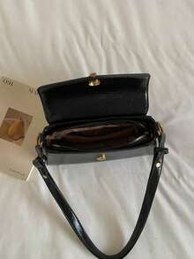 Fashion Solid Color PU Flap Shoulder Bag, Metal Decoration, Suitable For Women Shopping, Dating, Gift And Daily Use - Black - View 6