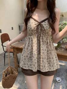 Ditsy Floral Tie-Strap Camisole & Bell Sleeve Cardigan 2-Piece Set For Women, Slimming, Autumn - Picture Color - View 5