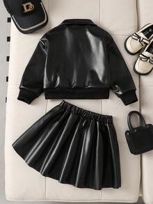 Galaxy Graffiti 4-7 Years Old Girls 2-Piece Outfit Set, Lapel Zipper Motorcycle Jacket + A-Line Pleated Mini Skirt, Cool Street Style, Suitable For Daily Wear, Party And Stage - Black - View 4