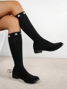 SHIHUA Women's Mid-Calf Elastic Knit Flat Round Toe Slimming Tall Boots With Pearl Decor, Versatile For Skirts, Preppy Style - Black - View 6