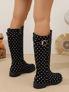 WTKMRSSTEP Women's Polka Dot High-Top Long Boots, Vintage Round Toe Thick Sole Side Zipper Buckle Decor Fashion Riding Boots - Black - View 4