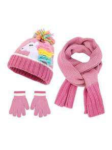 Autumn/Winter Cartoon Unicorn Hat & Gloves Warm Children's Knitted Hat 2-Piece Set For Little Girls - Unicorn 3-piece Set - View 3