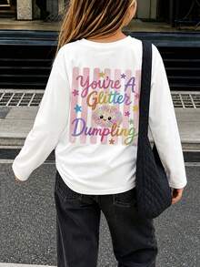 Tween Girl 1pc Printed Long Sleeve T-Shirt, Suitable For Girls' Autumn/Winter Tops, Young Student Children's Clothing, Suitable For Outerwear And Layering - White - View 1