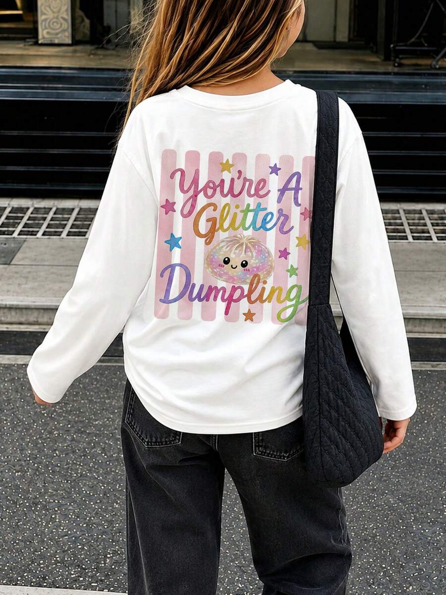 Tween Girl 1pc Printed Long Sleeve T-Shirt, Suitable For Girls' Autumn/Winter Tops, Young Student Children's Clothing, Suitable For Outerwear And Layering - White - View 1
