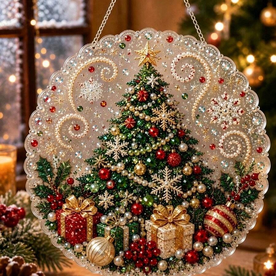 Christmas Pearl Diamond Painting Suncatcher Set, DIY Handmade, Acrylic Round Plate With Lace Edge, Holiday Window And Wall Decor - A - View 1