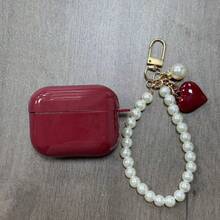白色黑色珍珠元素酒红色仿珍珠花卉吊坠链1个耳机保护套，兼容耳机，适用于第一代/第二代耳机的保护套，新款无线耳机保护套适用于Pro3/Pro/Pro2，送给男友/女友的生日/周年纪念礼物，白色/酒红色春季礼物 - 酒紅色 - 查看 9