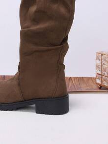 1 Pair Girls' Ruched Fabric High-Top Boots, Round Toe, Side Buckle, Chunky Low Heel, Vintage Slouch Boots, Suitable For Campus, Daily Wear, Outdoor Outings - Brown - View 8