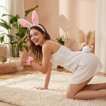 3件組性感可愛兔女郎髮箍蝴蝶結兔尾套裝組合，動物純色，適合送禮、派對、動漫遊戲服裝、畢業節慶、COS服裝、復活節、萬聖節服飾穿搭 - 白色 - 查看 4
