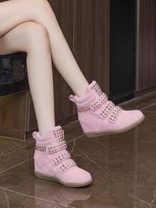 Women's Sports Shoes Rivet Invisible Height Increase Hook And Loop Design Fashion High-Top Casual Shoes Daily Wear - Pink - View 4