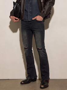 Men's Black-Grey Gradient Cat Whisker Distressed Ripped Knee Destroyed Design Frayed Hem Vintage Versatile Stretch Flare Jeans - Black - View 3