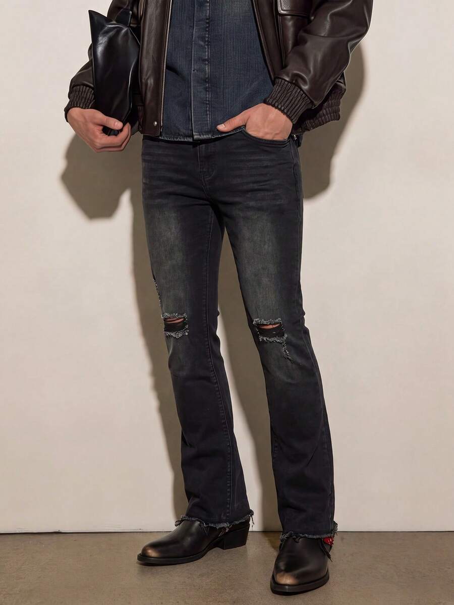 Men's Black-Grey Gradient Cat Whisker Distressed Ripped Knee Destroyed Design Frayed Hem Vintage Versatile Stretch Flare Jeans - Black - View 1