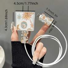 5pcs 2D Flat Design Embroidered Sun Phone Charger Protection Set, Charger Head Cover + Cable Protector + Storage Rope + Data Cable Protection Wrap Rope, Suitable For IPhone 20W/18W Charger - Multicolor - View 5