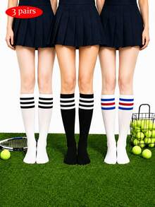 3 Pairs Women's Classic Three-Stripe Colorblock Knee-High Socks, Soft Elastic Non-Slip Knitted Tennis Calf Socks, Ins Hot Girl Style Accessory - Multicolor - View 6