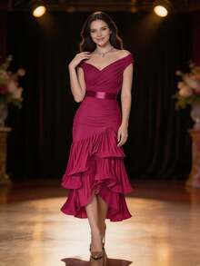 Vestidos de fiesta elegantes mujer nueva colección europea color liso dulce cintura alta ajustada hombro asimétrico fruncido falda irregular con volantes vestidos elegantes largos - Rosa Fucsia - Ver 5