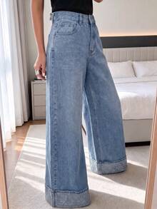 Mid-Waist Wide Leg Jeans With Waist Adjustment Buckle, Rhinestone Rolled Hem, Light Wash Loose Fit Casual - Medium Wash - View 1