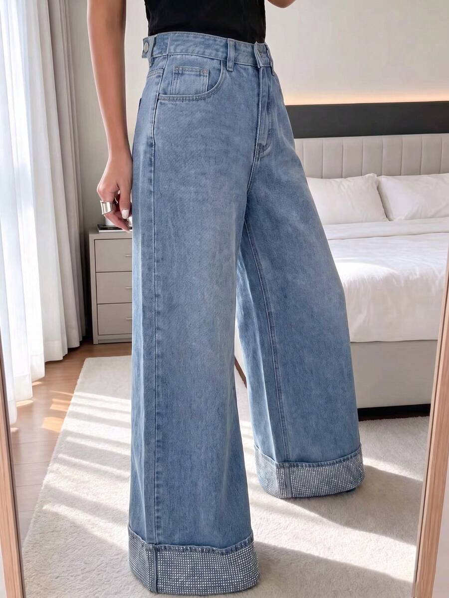 Mid-Waist Wide Leg Jeans With Waist Adjustment Buckle, Rhinestone Rolled Hem, Light Wash Loose Fit Casual - Medium Wash - View 1