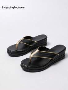 Women's Woven Texture Gold Patchwork Thong Slide Sandals, Lightweight Thick Sole Height-Increasing Comfortable Summer Essential - Black - View 10